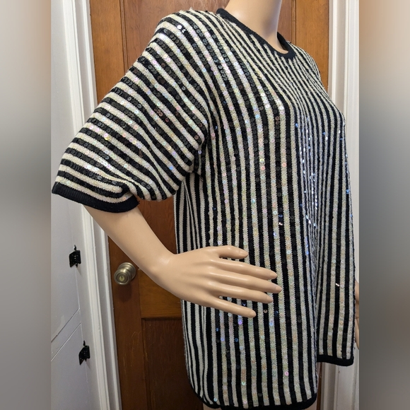 Black & White Striped and Sequined Vintage Sweater Small - Picture 3 of 11
